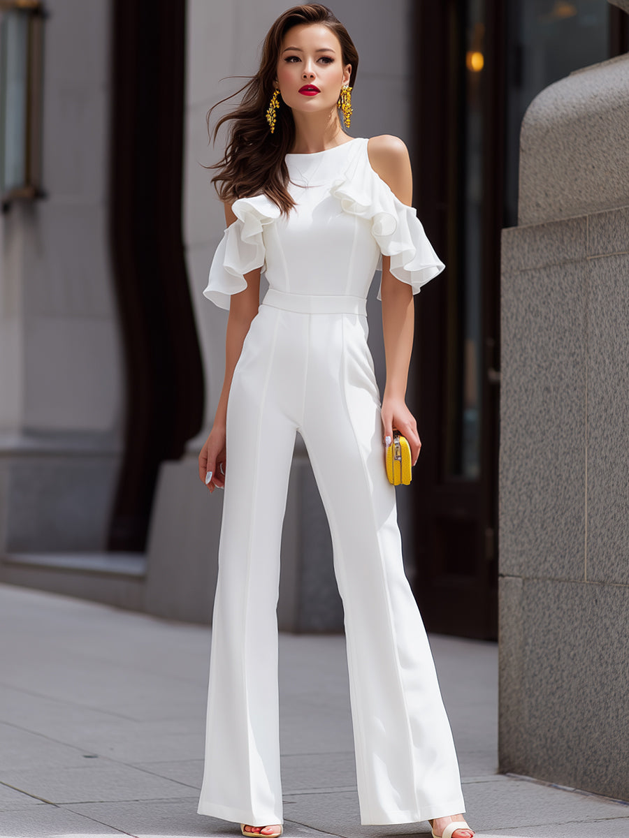 Cold-Shoulder Ruffled Wide-Leg Jumpsuit