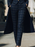 Navy Checkered Three-Piece Suit With Long Coat
