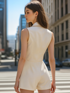 White Sleeveless Blazer Romper With Gold Trim
