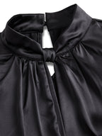 Sophisticated White Satin Blouse with Modern Keyhole Neckline