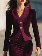 Elegant Velvet Peplum Blazer And Midi Skirt Set