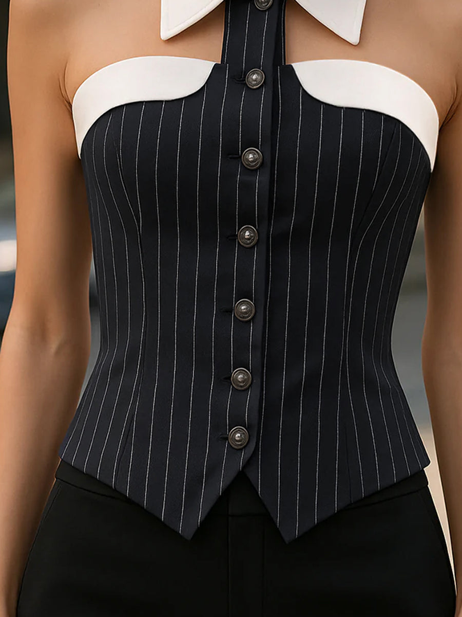 Pinstripe Top With Contrast Collar And Button Front