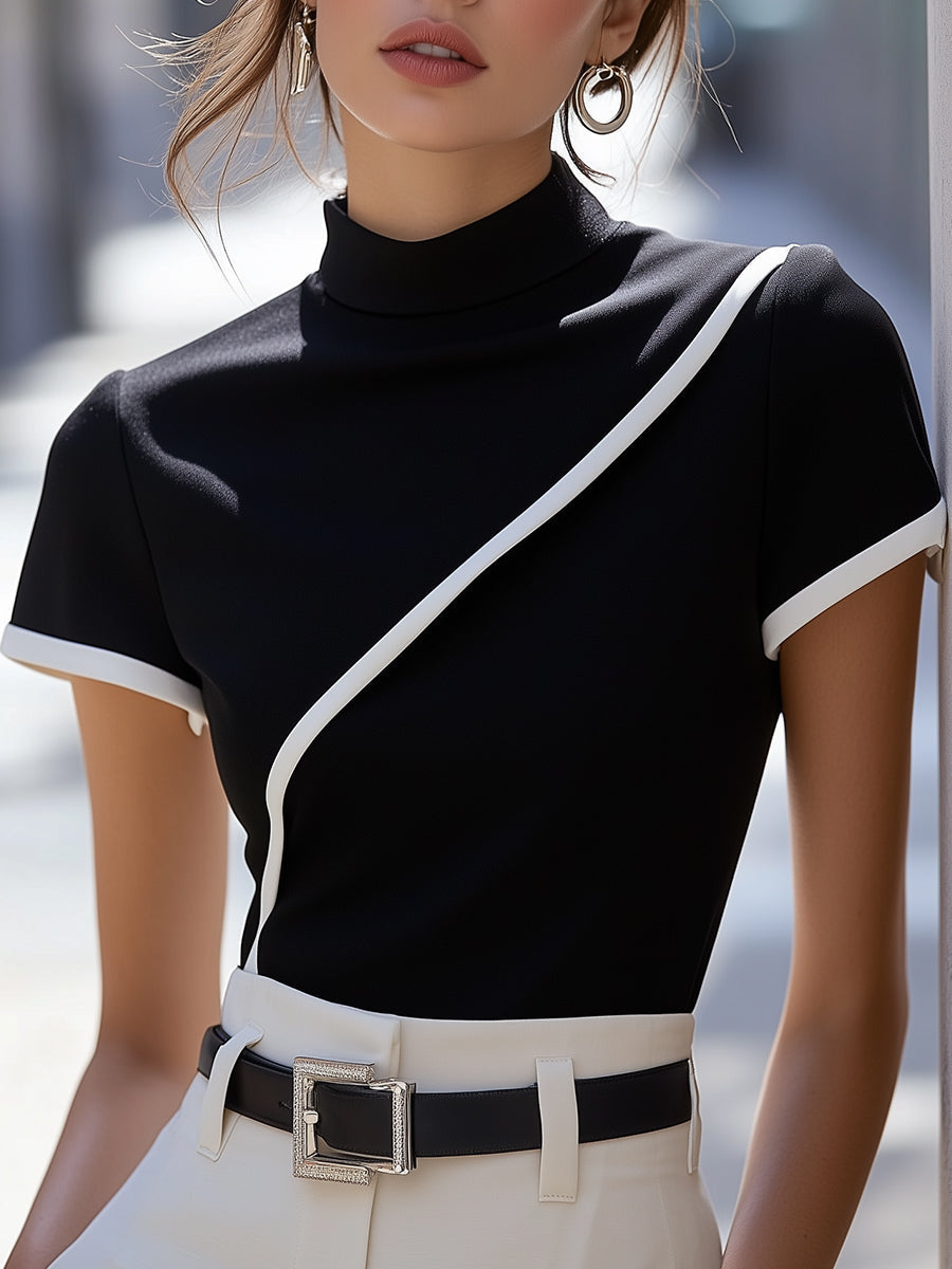 Elegant Black High-Neck Top with White Trim