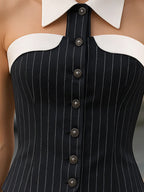 Pinstripe Top With Contrast Collar And Button Front