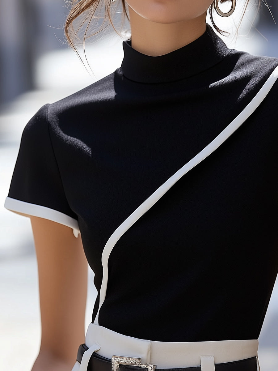 Elegant Black High-Neck Top with White Trim