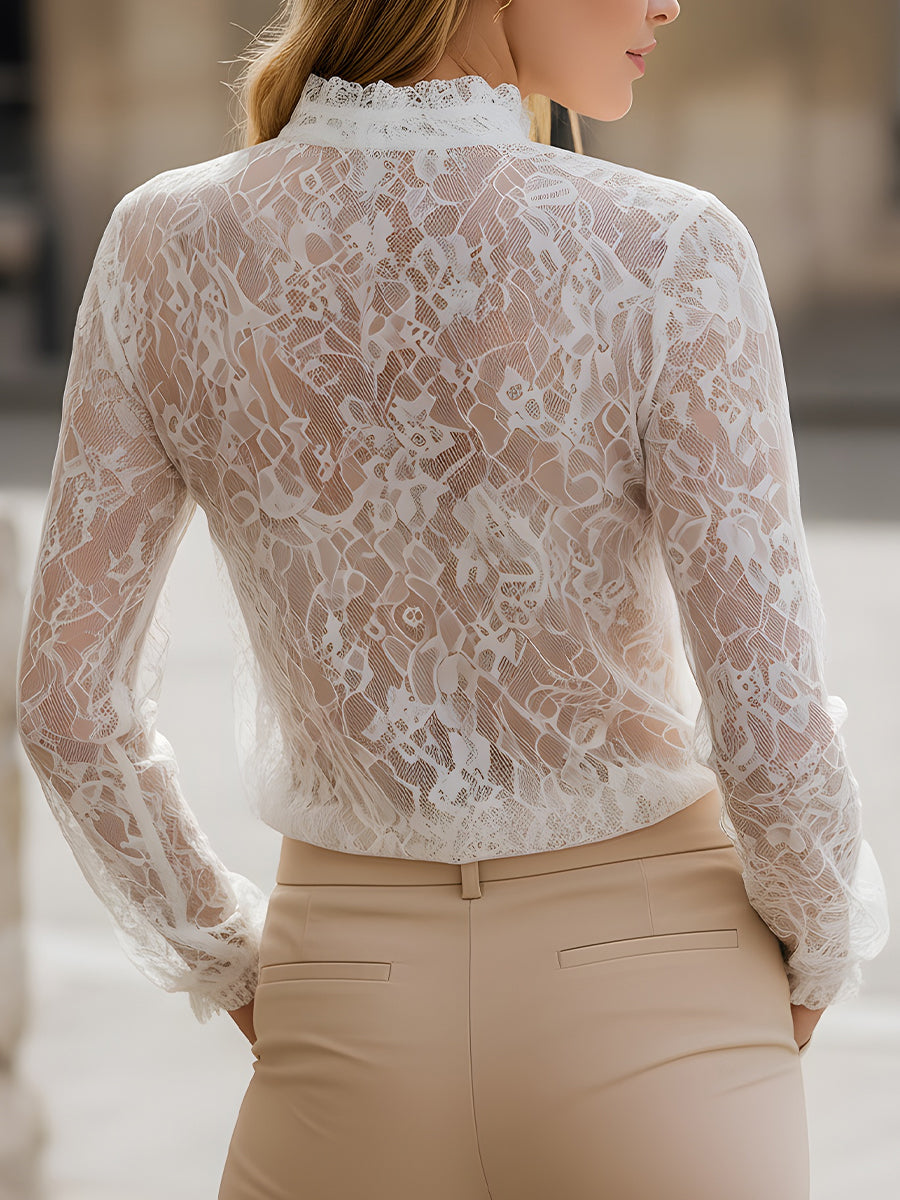 Sheer Lace Long-Sleeve Blouse With Delicate Trim