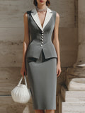 Sophisticated Contrast-Collar Sleeveless Blazer & Pencil Skirt Set
