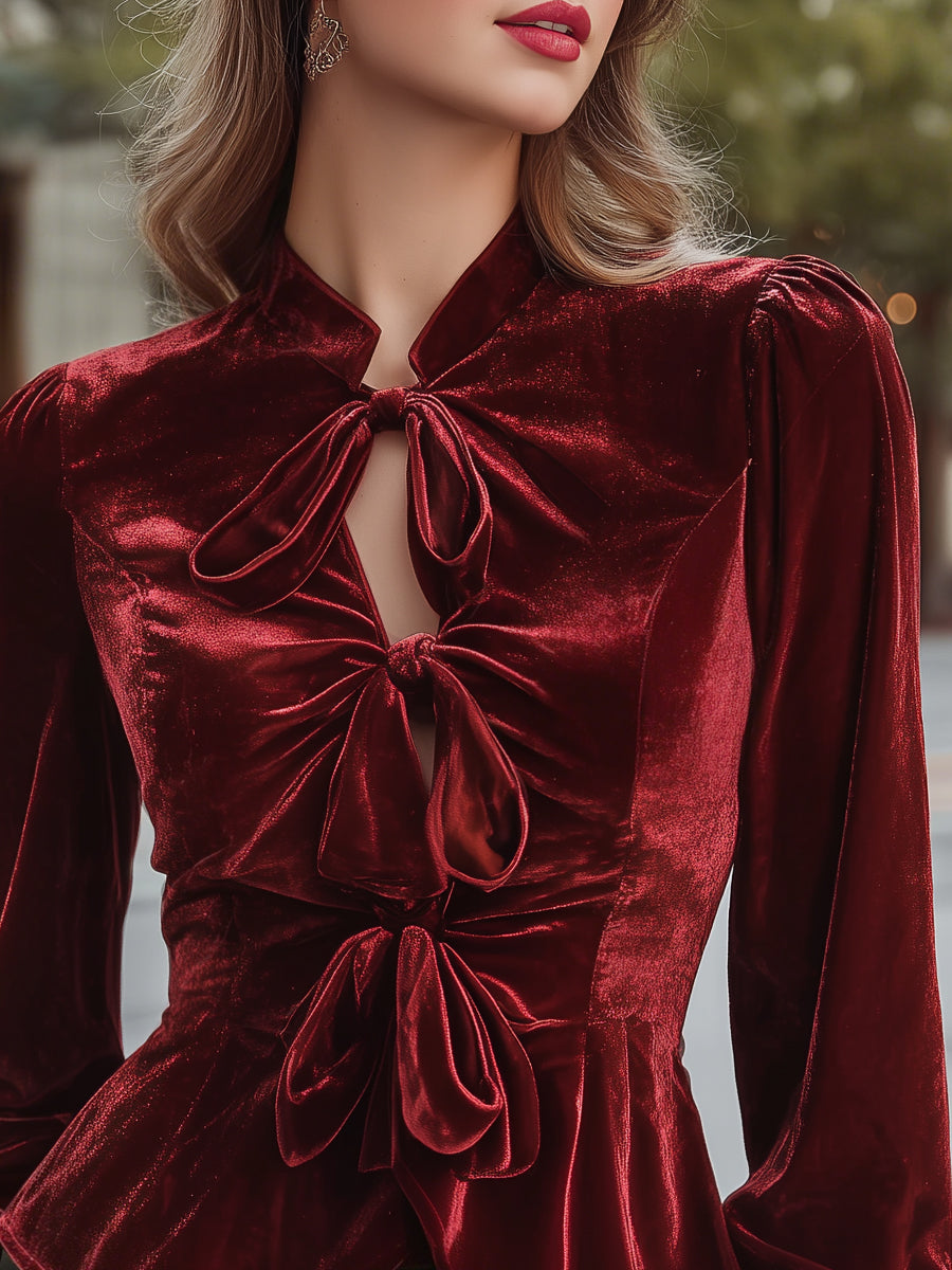 Velvet Triple-Bow Peplum Blouse