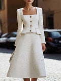 White Tweed Square-Neck Jacket & A-Line Skirt Set