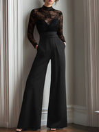 Black Lace Illusion Bodice Wide-Leg Evening Jumpsuit