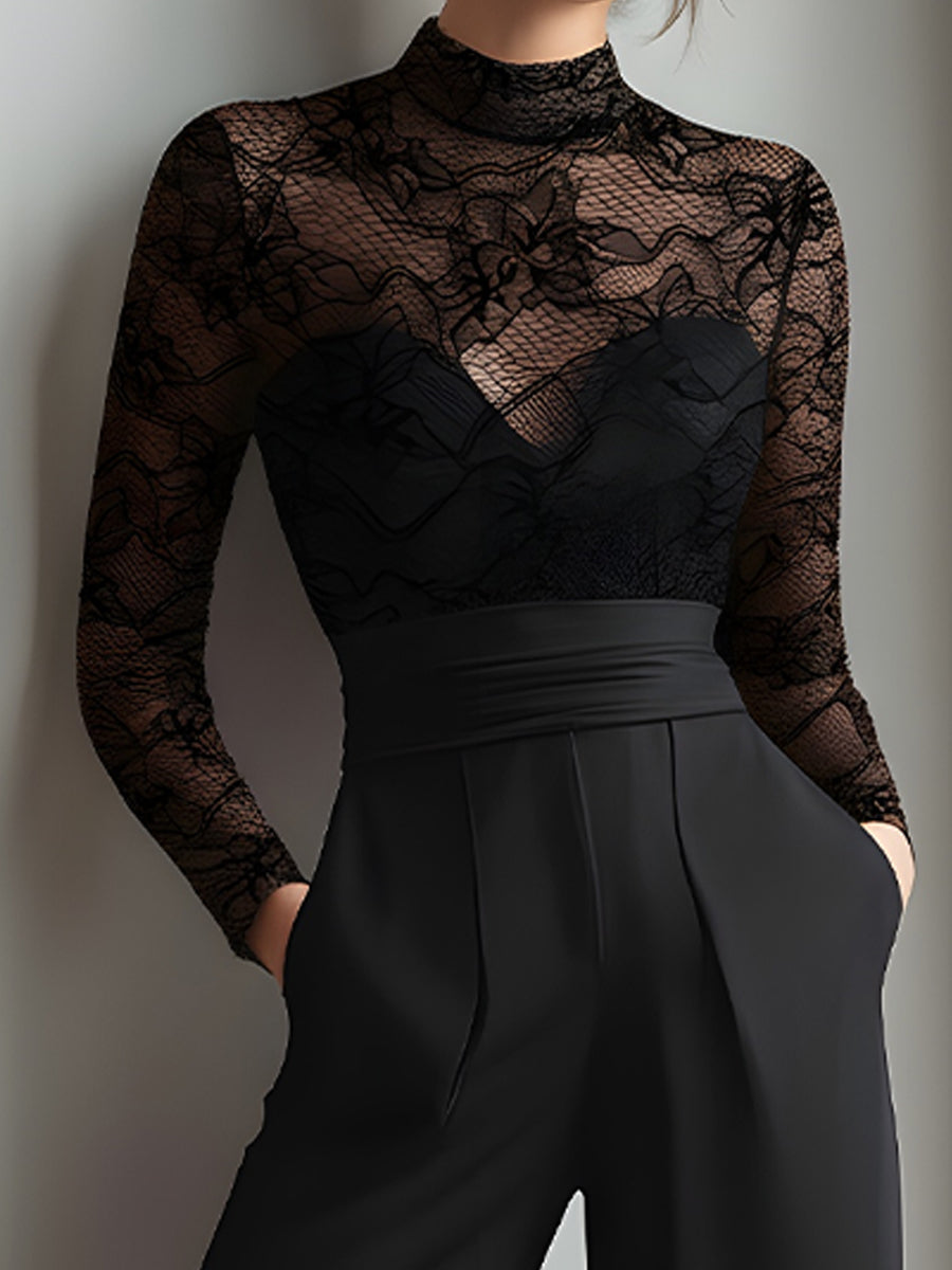 Black Lace Illusion Bodice Wide-Leg Evening Jumpsuit