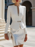 White Embellished Collar Blazer With Silver Sequin Skirt Set