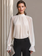 High-Neck Long-Sleeve Draped Blouse