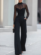 Black Sheer Turtleneck Wide-Leg Jumpsuit