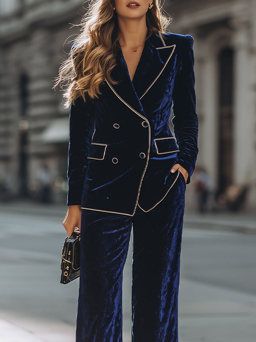 Double-Breasted Velvet Suit With Contrast Piping And Wide-Leg Pants