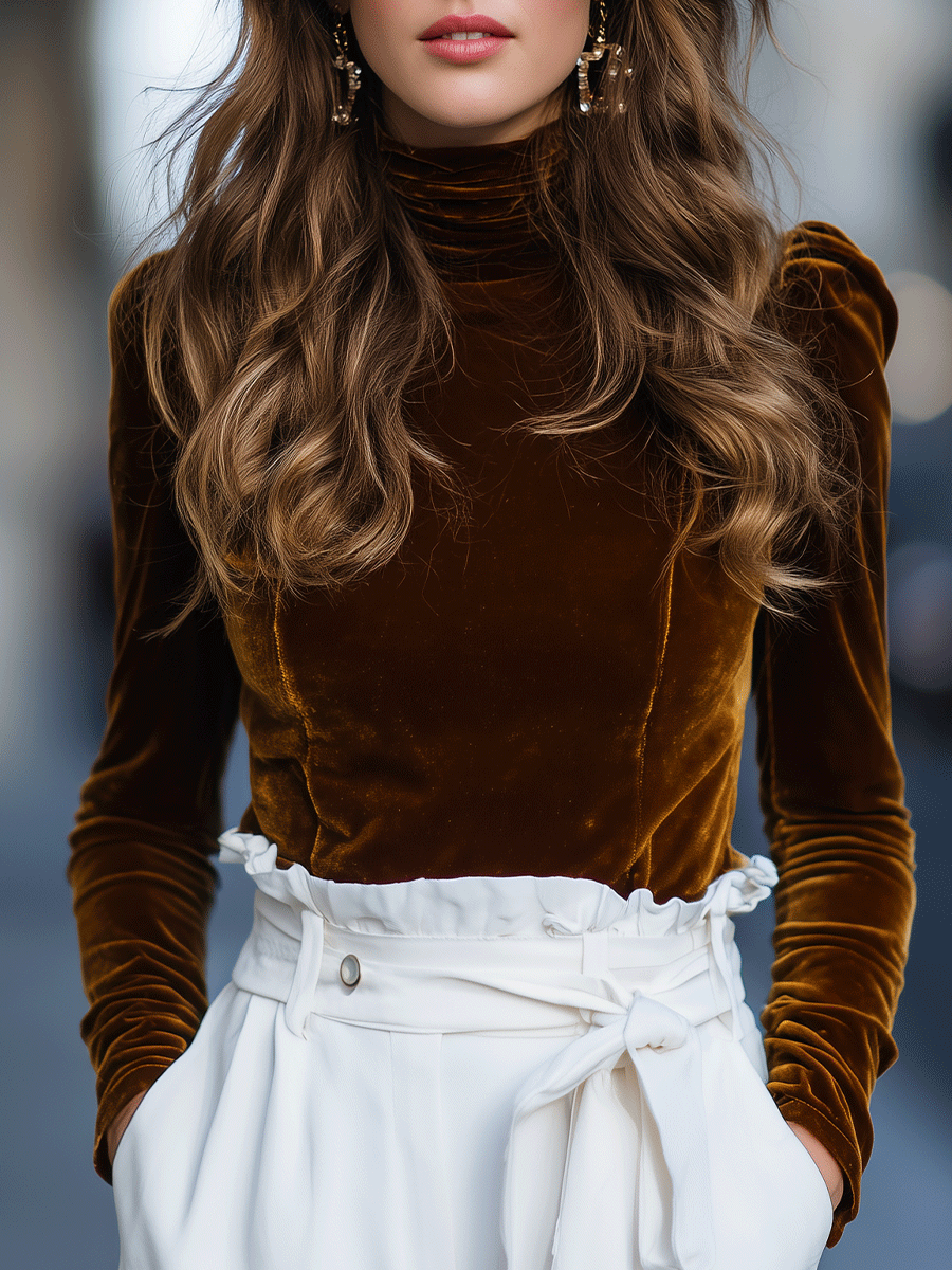 Burnt Caramel Velvet Turtleneck Top