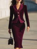 Elegant Velvet Peplum Blazer And Midi Skirt Set