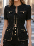 Elegant Tweed Shorts Set With Gold Chain Trim (Top And Shorts Only)