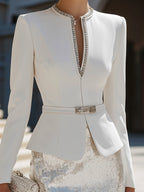 White Embellished Collar Blazer With Silver Sequin Skirt Set