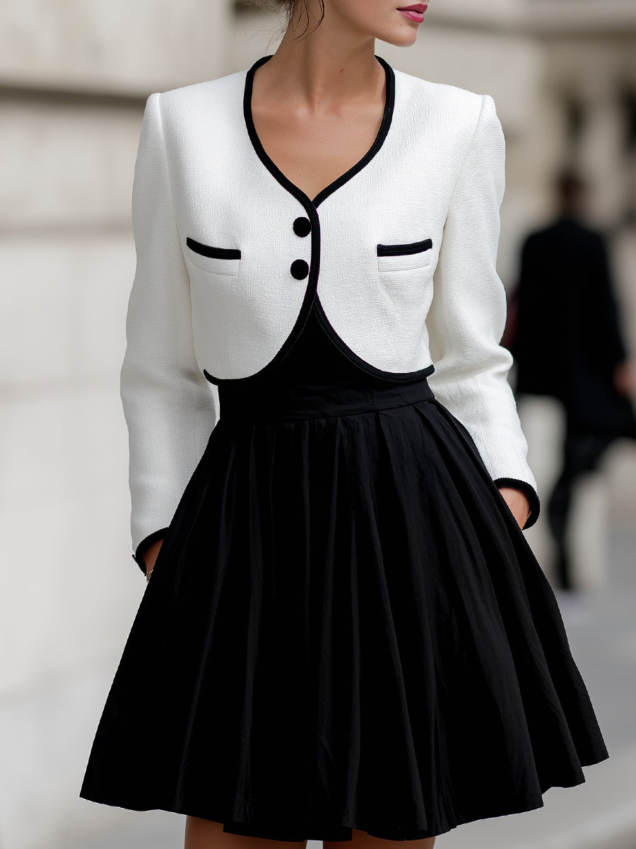 Elegant Contrast-Trim Cropped Jacket & Camisole Dress Set