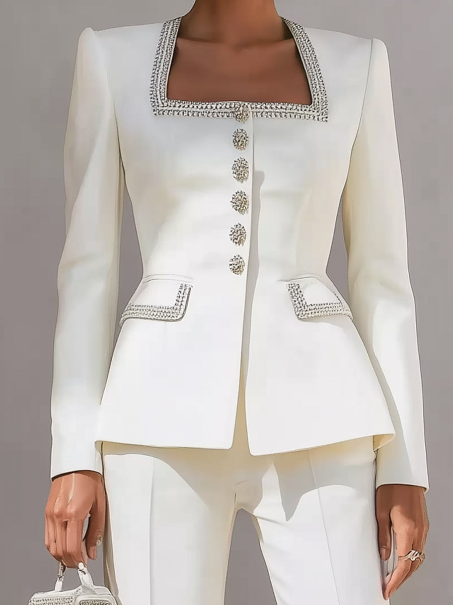 White Structured Suit With Embellished Trim And Sculpted Silhouette