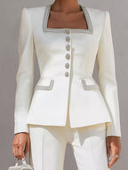 White Structured Suit With Embellished Trim And Sculpted Silhouette