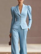 Mooyius Presents The Chic Sky Blue Pinstripe Tailored Suit Set