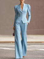 Mooyius Presents The Chic Sky Blue Pinstripe Tailored Suit Set