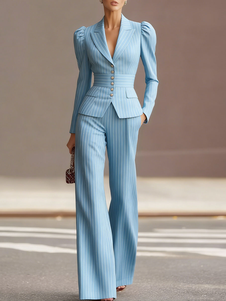 Mooyius Presents The Chic Sky Blue Pinstripe Tailored Suit Set