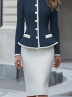 Navy And White Contrast-Trim Tweed Skirt Suit