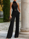 High-Neck Sheer Yoke Tailored Wide-Leg Jumpsuit