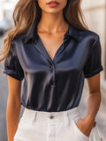 Sophisticated Navy Blue Satin Blouse with Rolled Sleeves