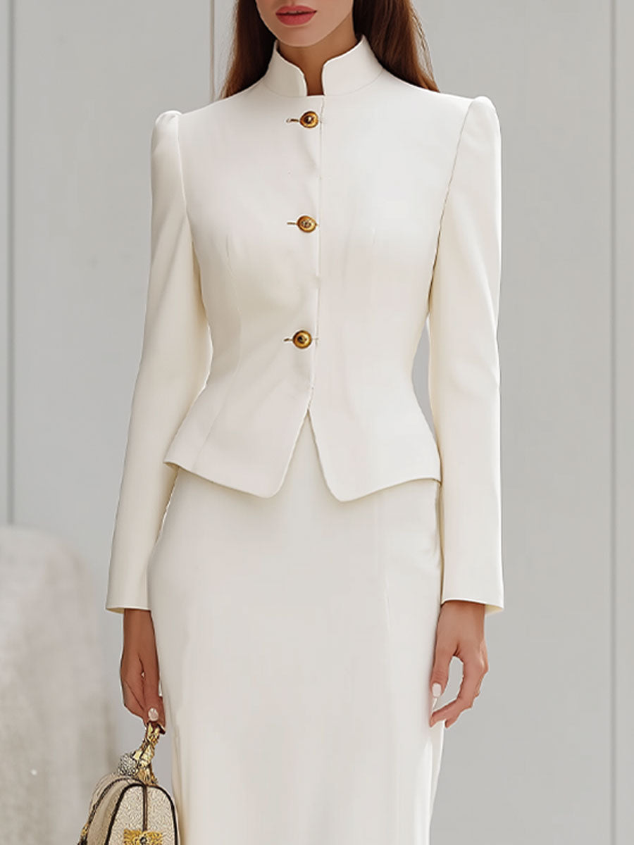 Ivory High-Collar Tailored Jacket And Elegant Maxi Skirt Set