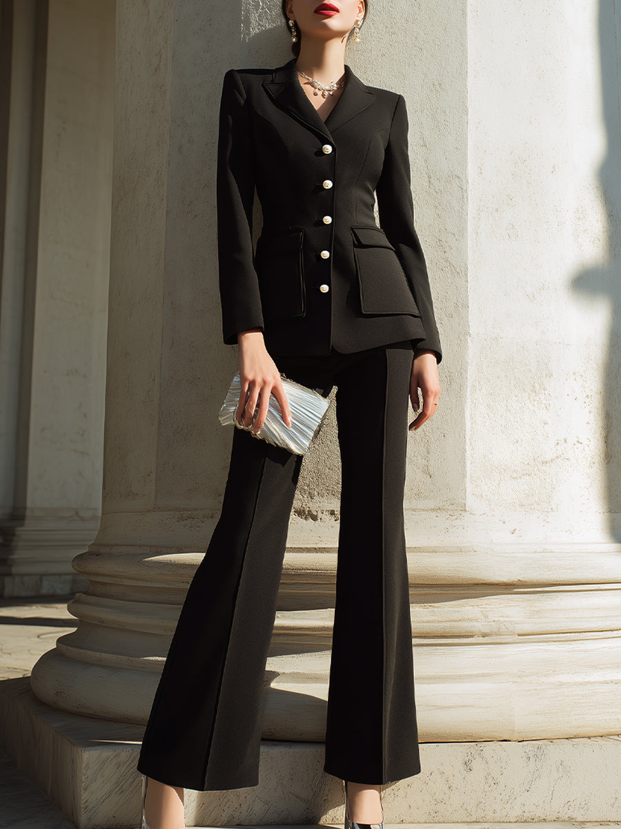 Tailored Button-Front Blazer Set With Flared Pants
