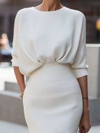 White Textured Knit Pencil Dress With Draped Waist