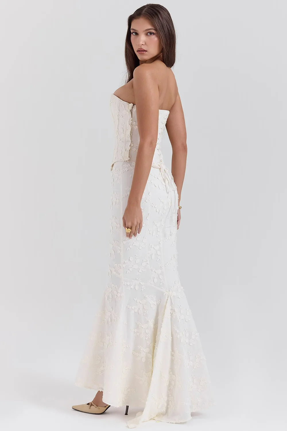 Strapless Embroidered Wedding Guest Maxi Dress