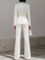 White Structured Suit With Embellished Trim And Sculpted Silhouette