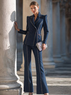 Tailored Contrast-Stitched Blazer And Flared Pants Set