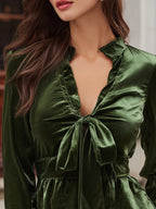 Velvet Tie-Front Blouse With Ruffled Collar