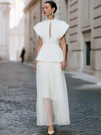 Elegant Structured Peplum Top & Sheer Layered Maxi Skirt Set