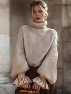 Cream Knit Turtleneck Sweater With Ruffled Cuffs
