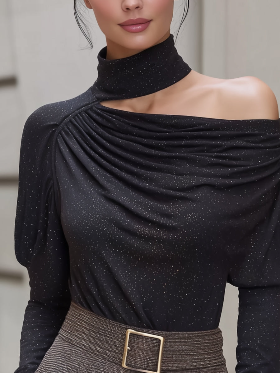 Asymmetric High-Neck One-Shoulder Sparkle Knit Top