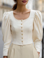 Romantic Puff-Sleeve Square-Neck Buttoned Blouse