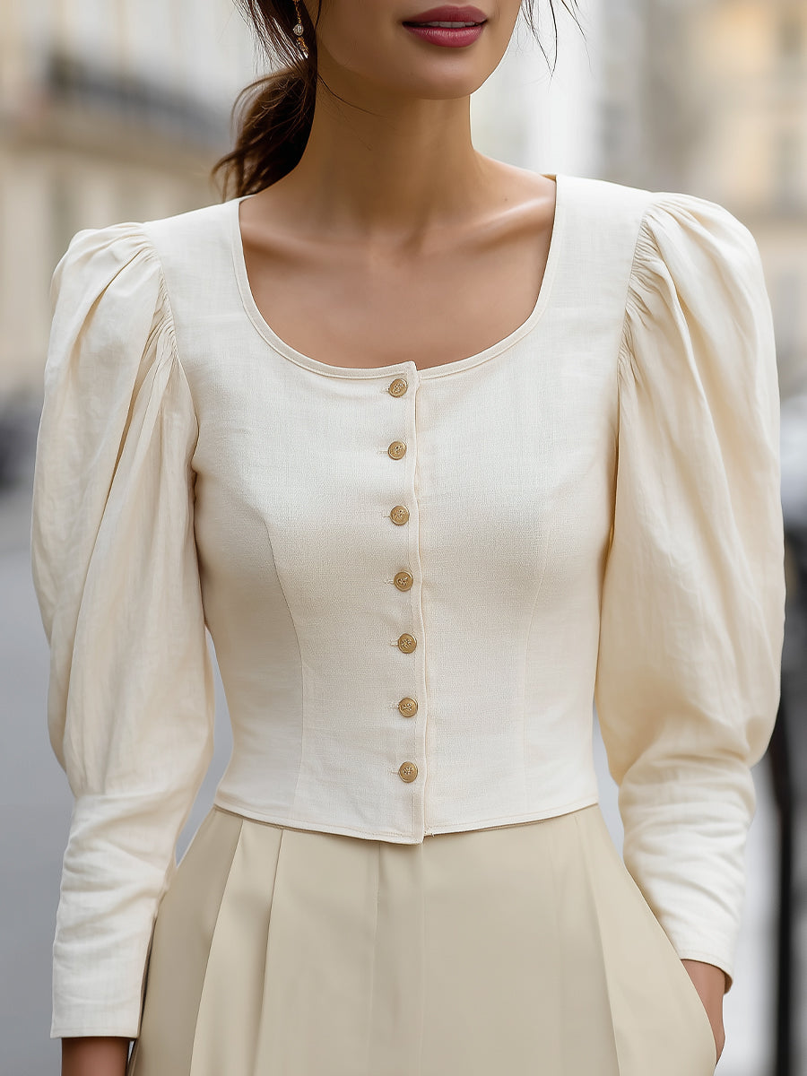 Romantic Puff-Sleeve Square-Neck Buttoned Blouse