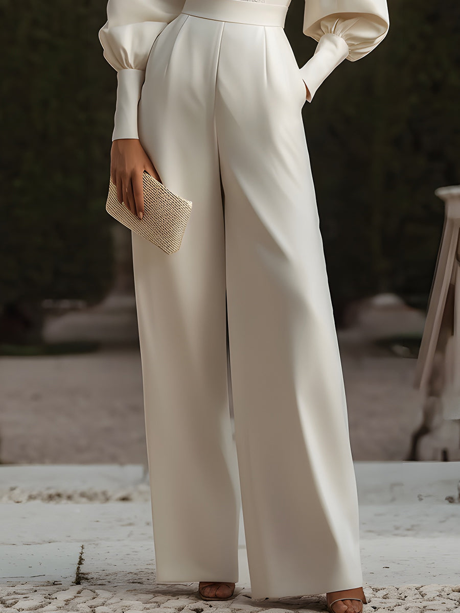 White Lace-Trimmed Jumpsuit With Puff Sleeves