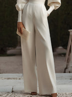 White Lace-Trimmed Jumpsuit With Puff Sleeves