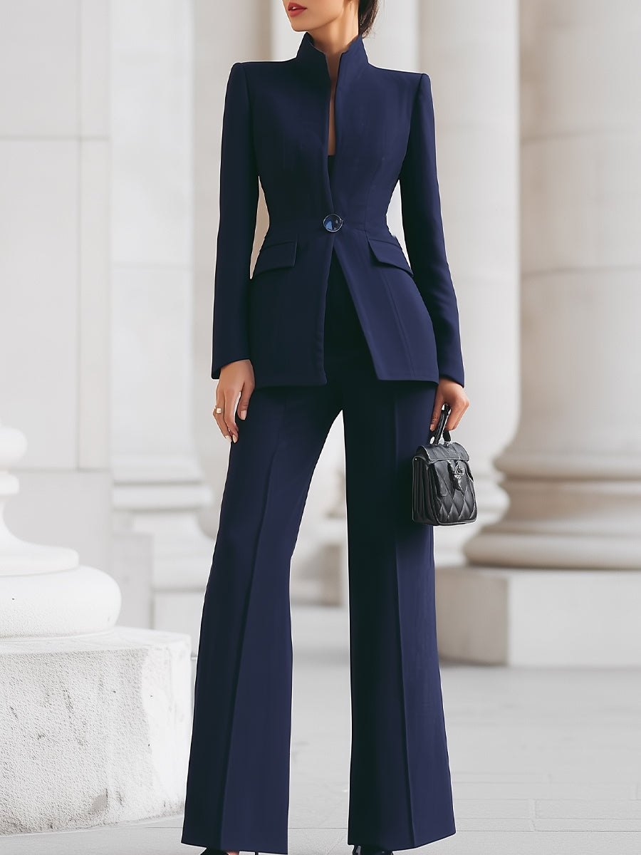 Sophisticated  High-Collar Blazer & Wide-Leg Trousers Set