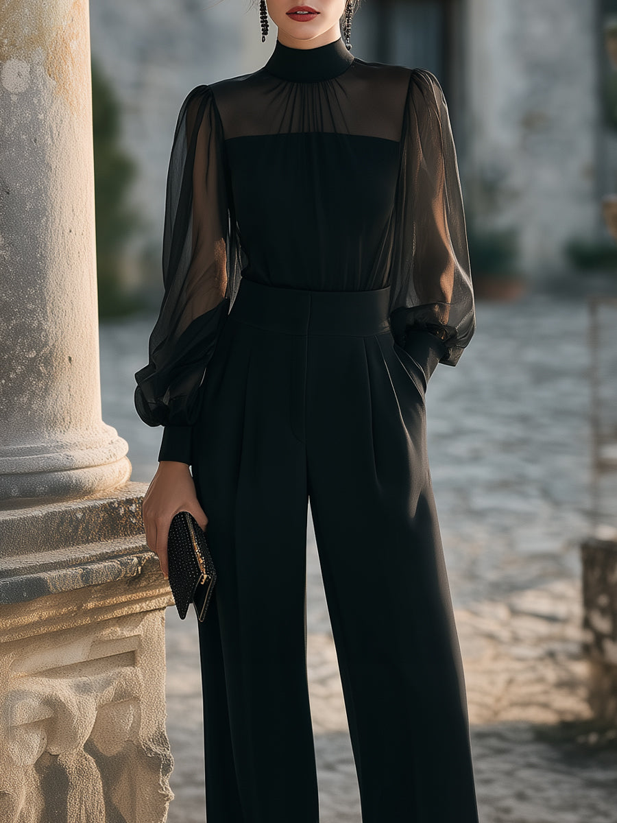 Sheer Lantern Sleeve High-Neck Wide-Leg Jumpsuit