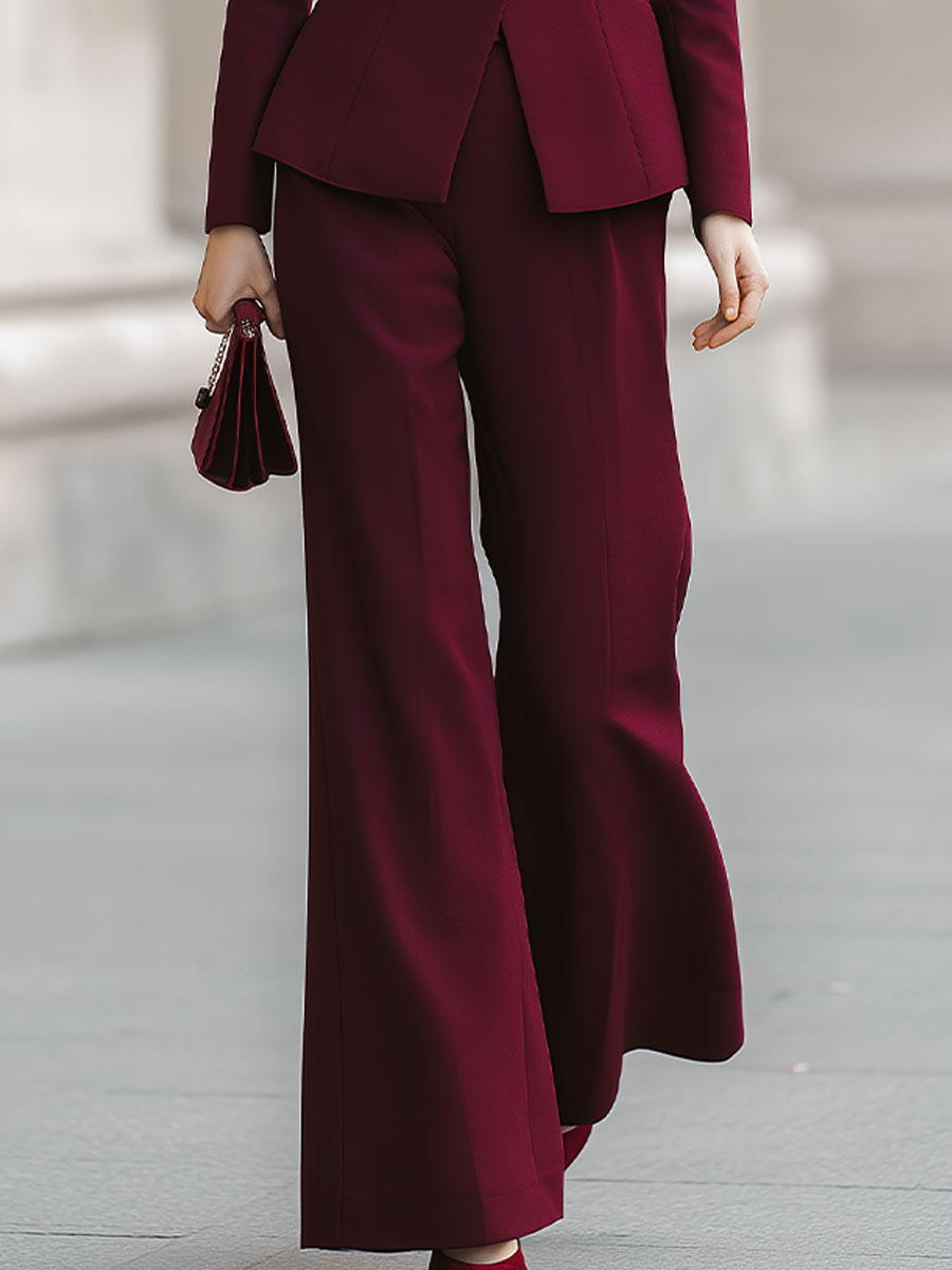 Burgundy Peplum Blazer And Wide-Leg Trouser Set