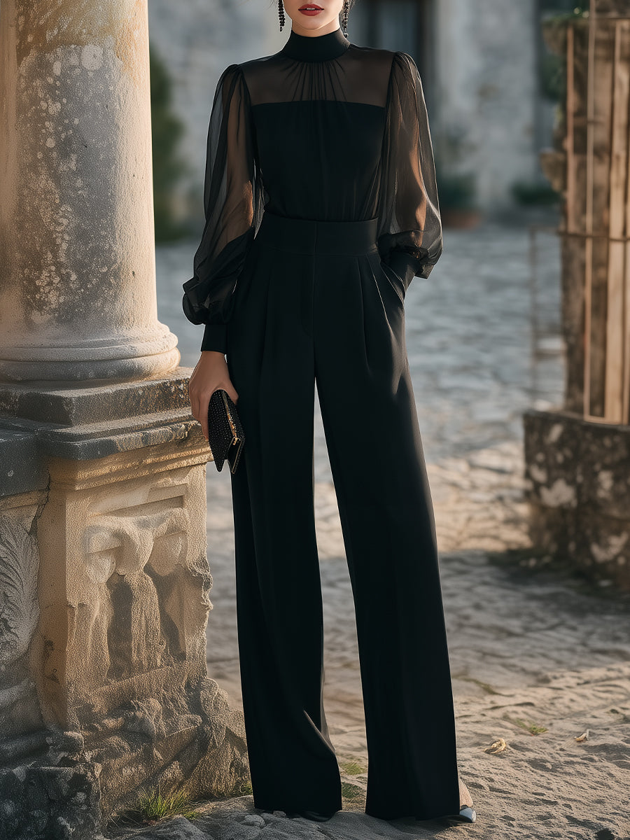 Sheer Lantern Sleeve High-Neck Wide-Leg Jumpsuit